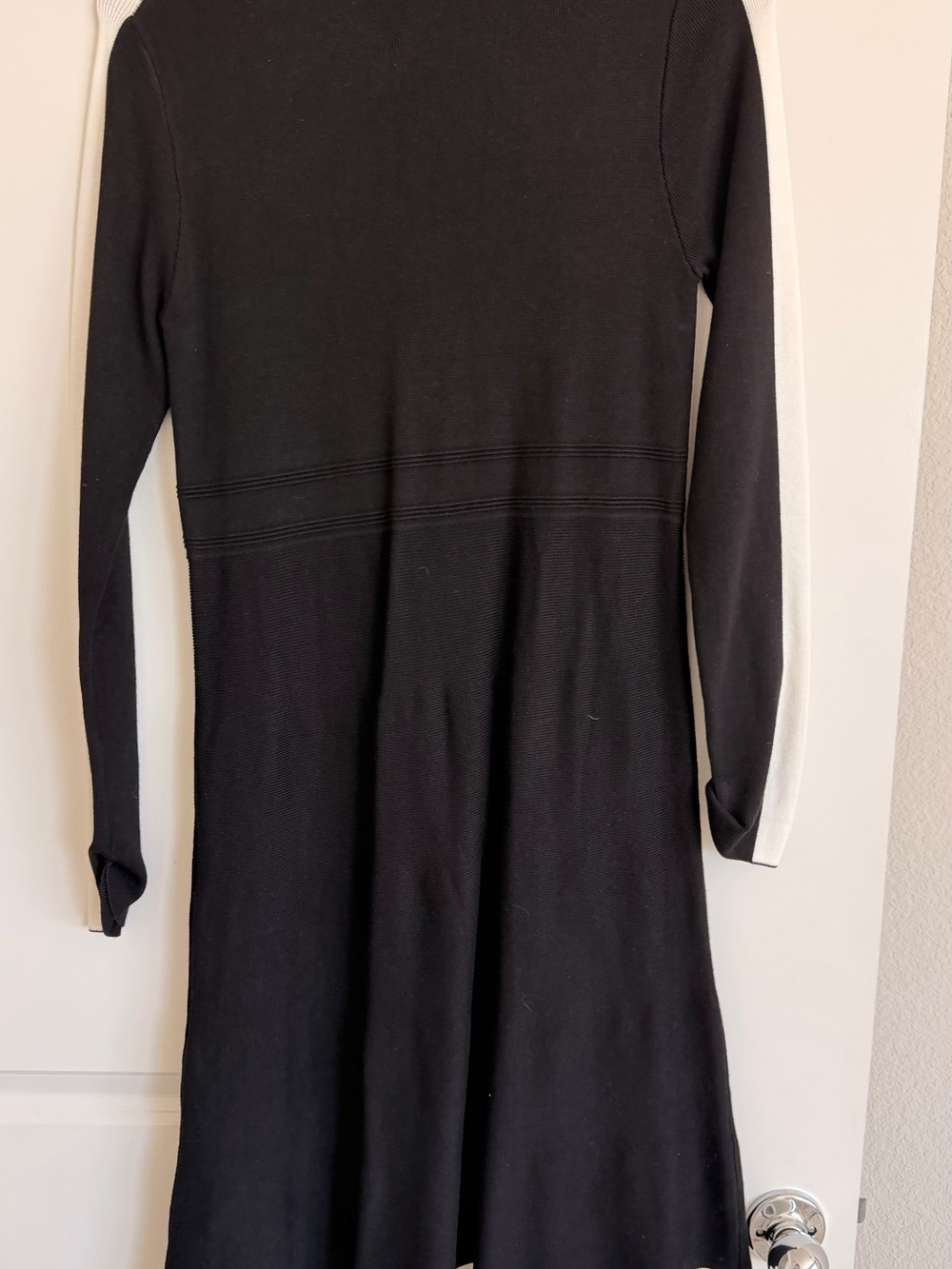 Black Long-Sleeve Knit Dress with White Sleeve Stripe by